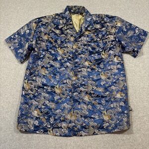 Vtg Odo Button Up Shirt Blue Dragon Short Sleeve Mens Large Hawaiian Asian Y2K